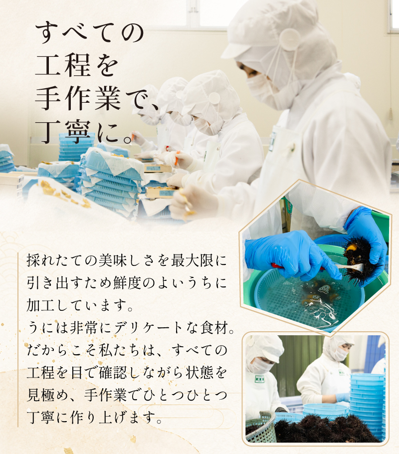 うにの製造すべての工程を丁寧に手作業で