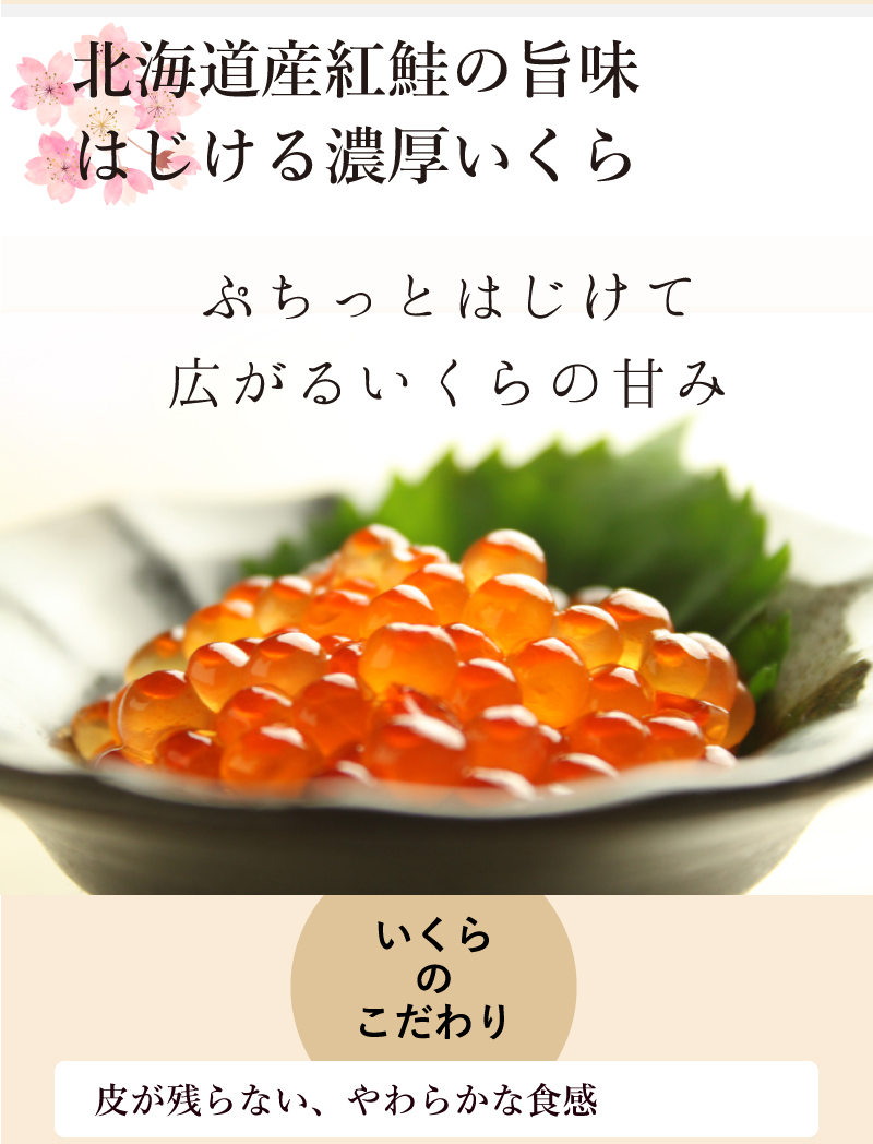 北海道産紅鮭の旨味はじける濃厚いくら　ぷちっとはじけて広がるいくらの甘み